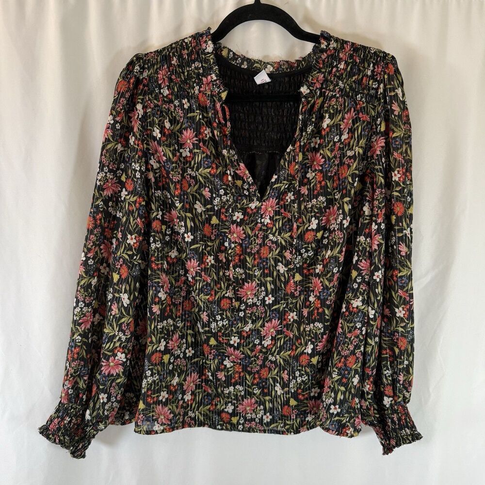 Old Navy Blouse Women's Large Black Floral Metallic Balloon Sleeve Vneck
